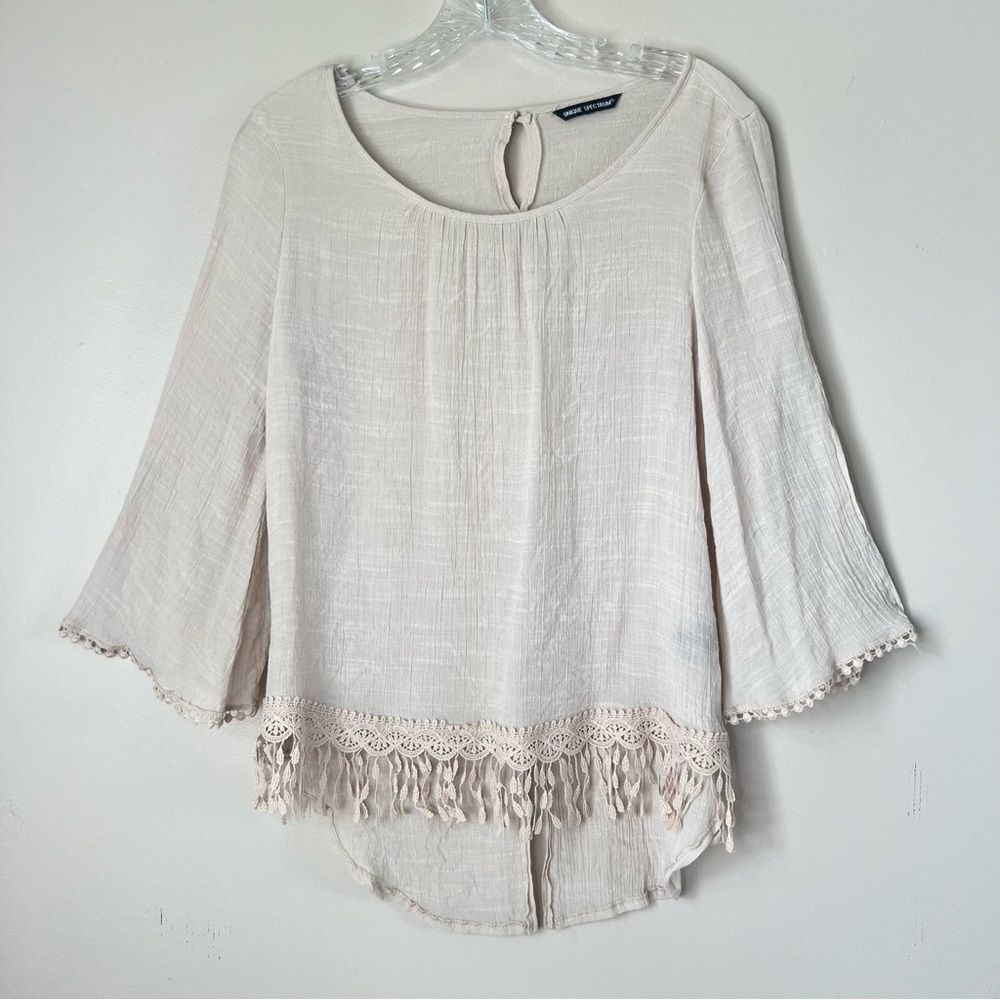 Unique Spectrum Boho Lightweight Crocheted Fringe 3/4 Sleeve Blouse